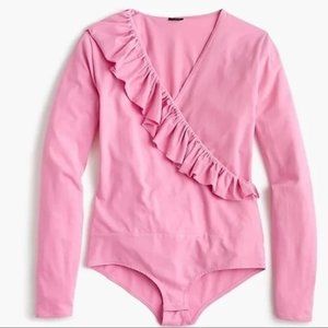 J.Crew Bodysuit Womens Medium Pink Ruffle Long Sleeve V Neck Barbiecore New